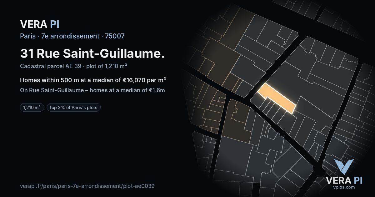 31 Rue Saint-Guillaume, 7e arrondissement at night – the plot lit, the parcels around coloured by the prices near them