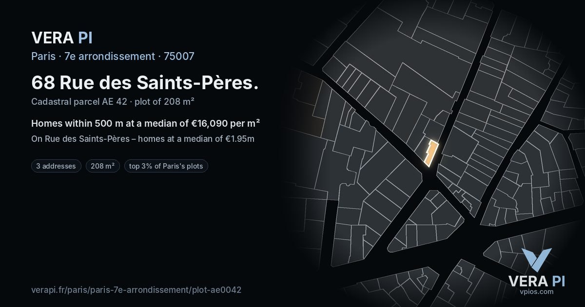 68 Rue des Saints-Pères, 7e arrondissement at night – the plot lit, the parcels around coloured by the prices near them