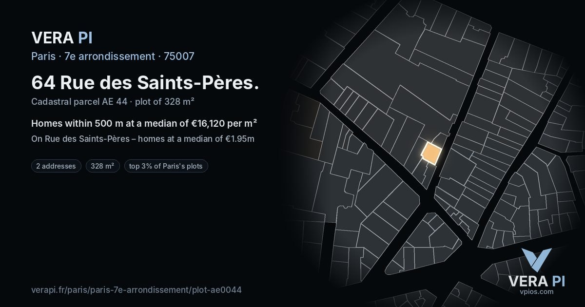 64 Rue des Saints-Pères, 7e arrondissement at night – the plot lit, the parcels around coloured by the prices near them