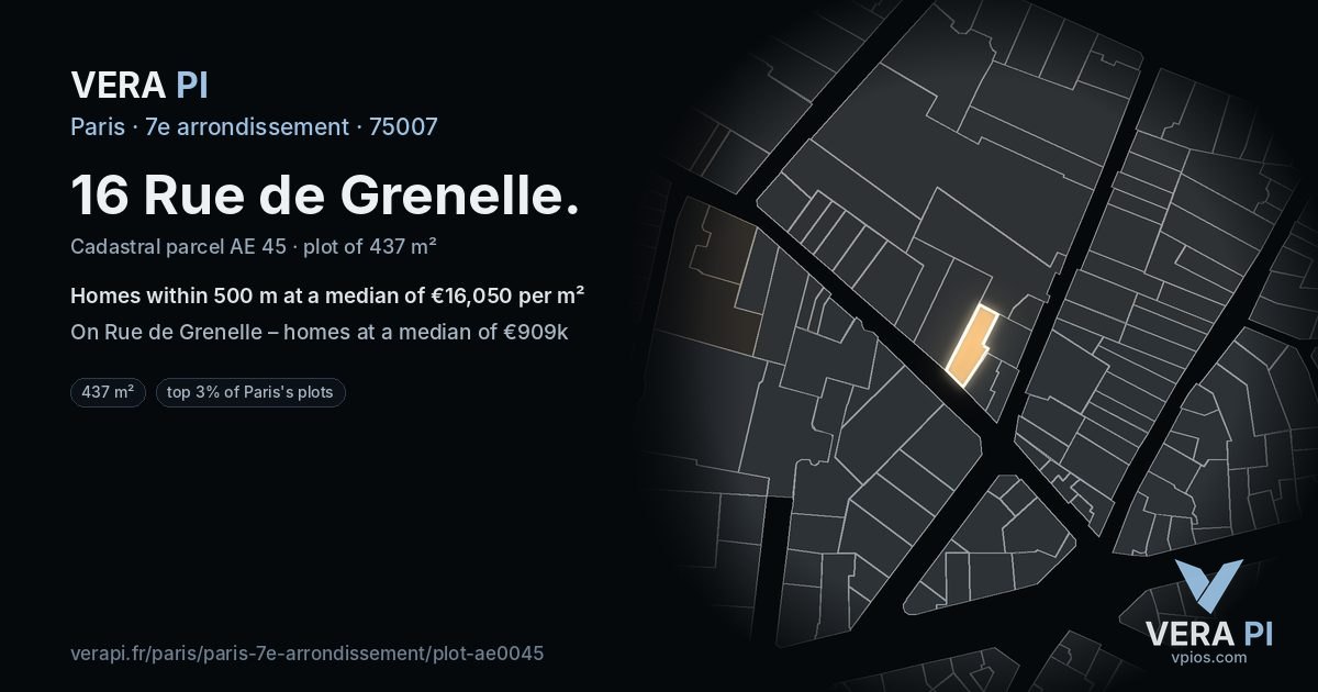 16 Rue de Grenelle, 7e arrondissement at night – the plot lit, the parcels around coloured by the prices near them