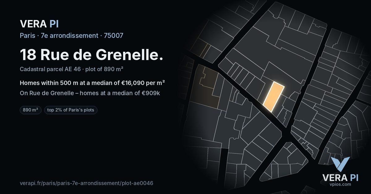 18 Rue de Grenelle, 7e arrondissement at night – the plot lit, the parcels around coloured by the prices near them