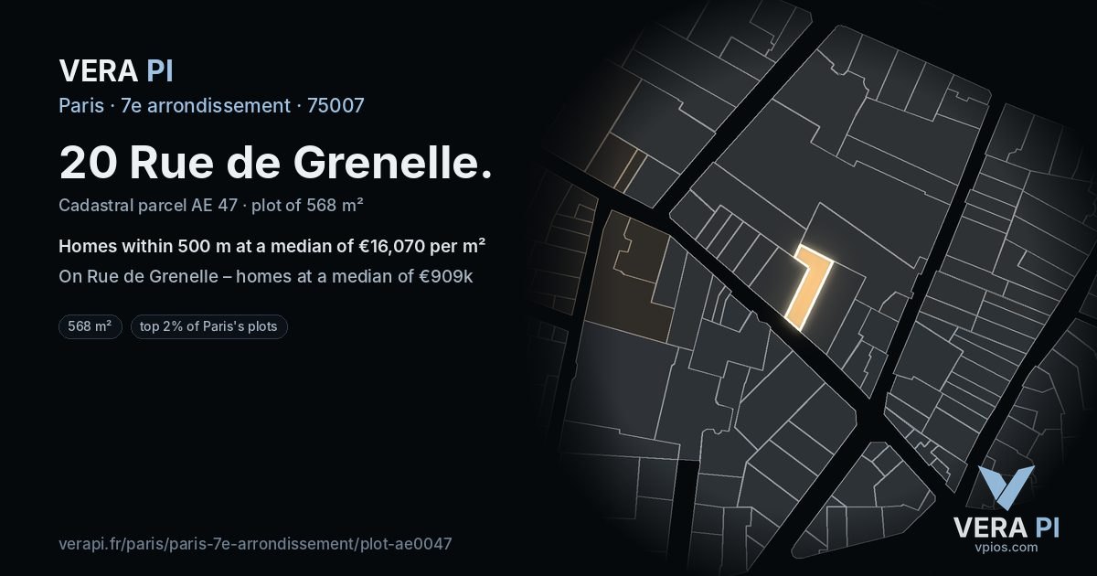 20 Rue de Grenelle, 7e arrondissement at night – the plot lit, the parcels around coloured by the prices near them