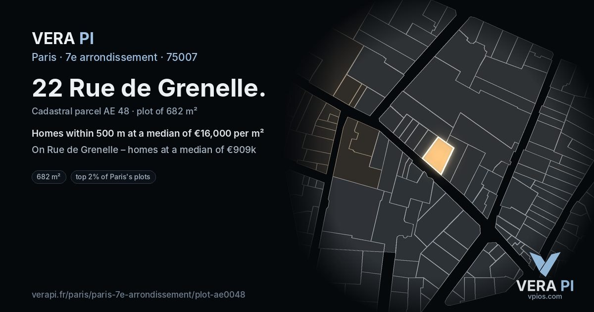 22 Rue de Grenelle, 7e arrondissement at night – the plot lit, the parcels around coloured by the prices near them