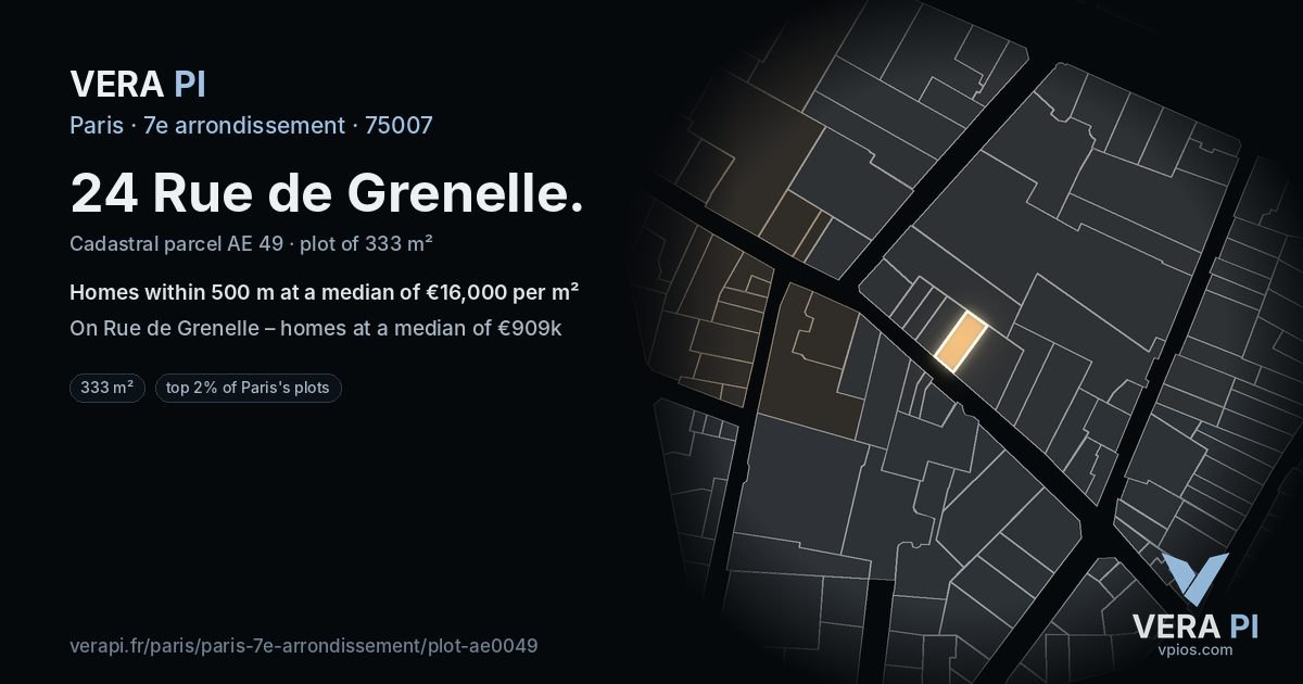 24 Rue de Grenelle, 7e arrondissement at night – the plot lit, the parcels around coloured by the prices near them