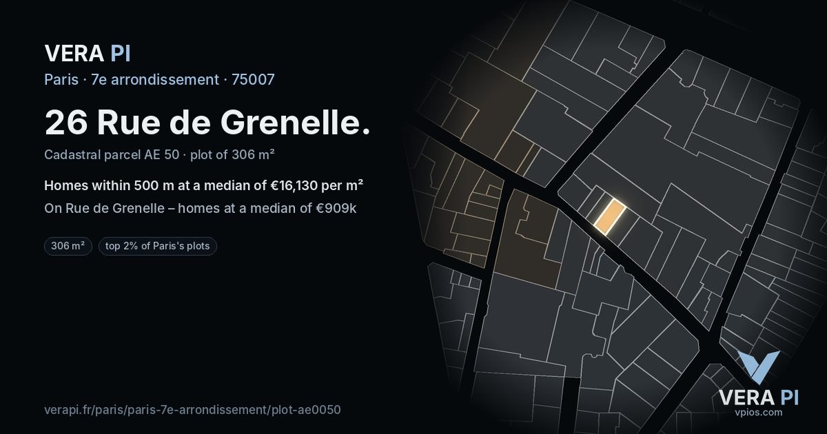 26 Rue de Grenelle, 7e arrondissement at night – the plot lit, the parcels around coloured by the prices near them