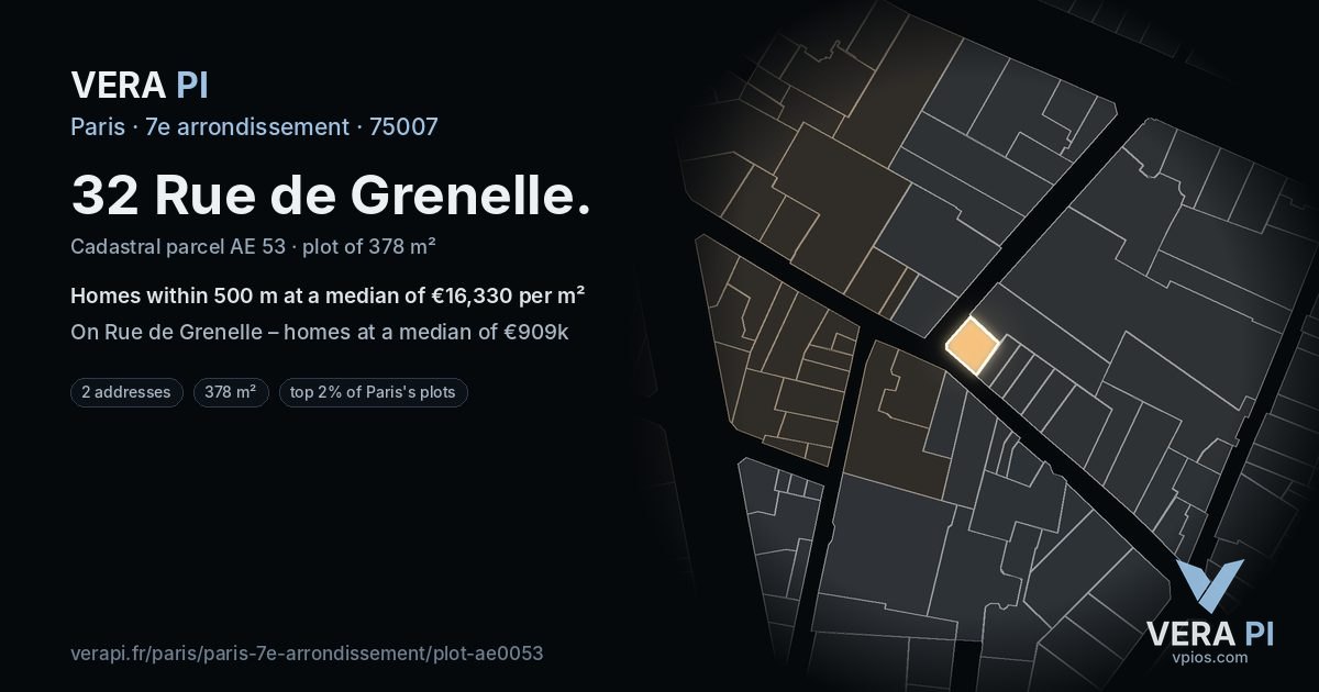 32 Rue de Grenelle, 7e arrondissement at night – the plot lit, the parcels around coloured by the prices near them
