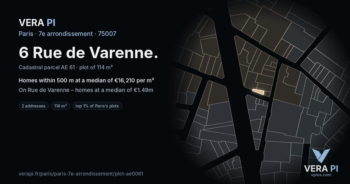6 Rue de Varenne, 7e arrondissement at night – the plot lit, the parcels around coloured by the prices near them
