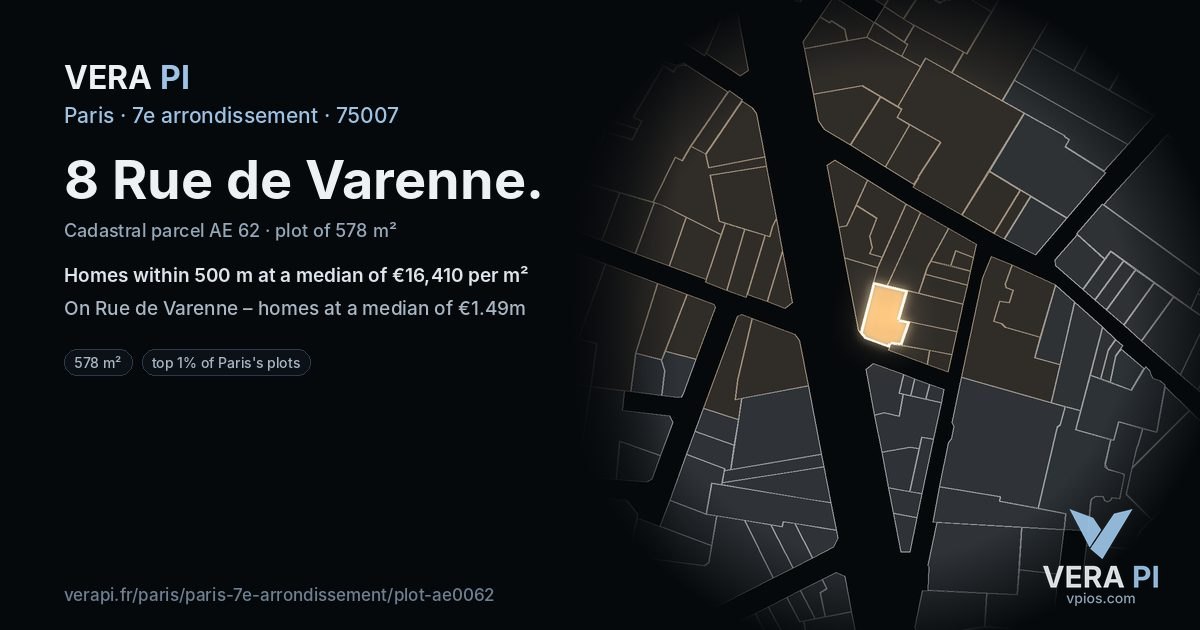 8 Rue de Varenne, 7e arrondissement at night – the plot lit, the parcels around coloured by the prices near them