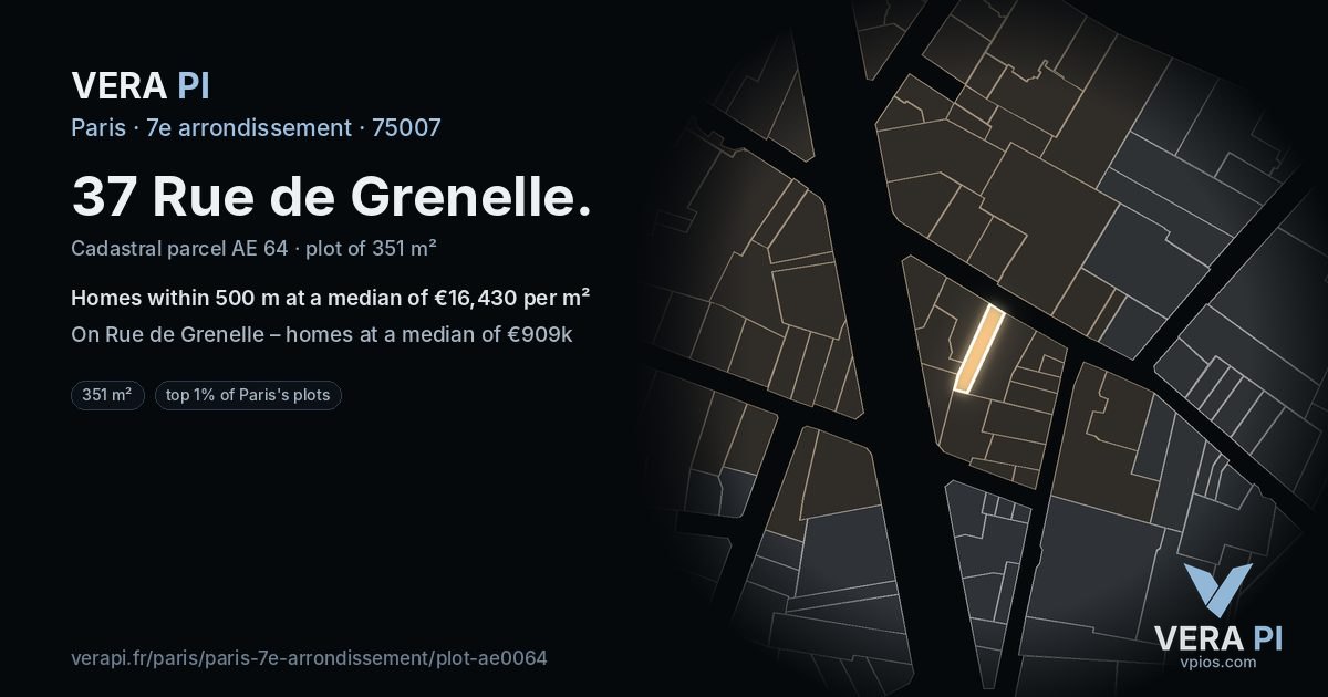 37 Rue de Grenelle, 7e arrondissement at night – the plot lit, the parcels around coloured by the prices near them