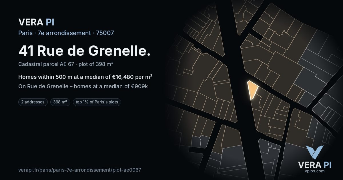 41 Rue de Grenelle, 7e arrondissement at night – the plot lit, the parcels around coloured by the prices near them