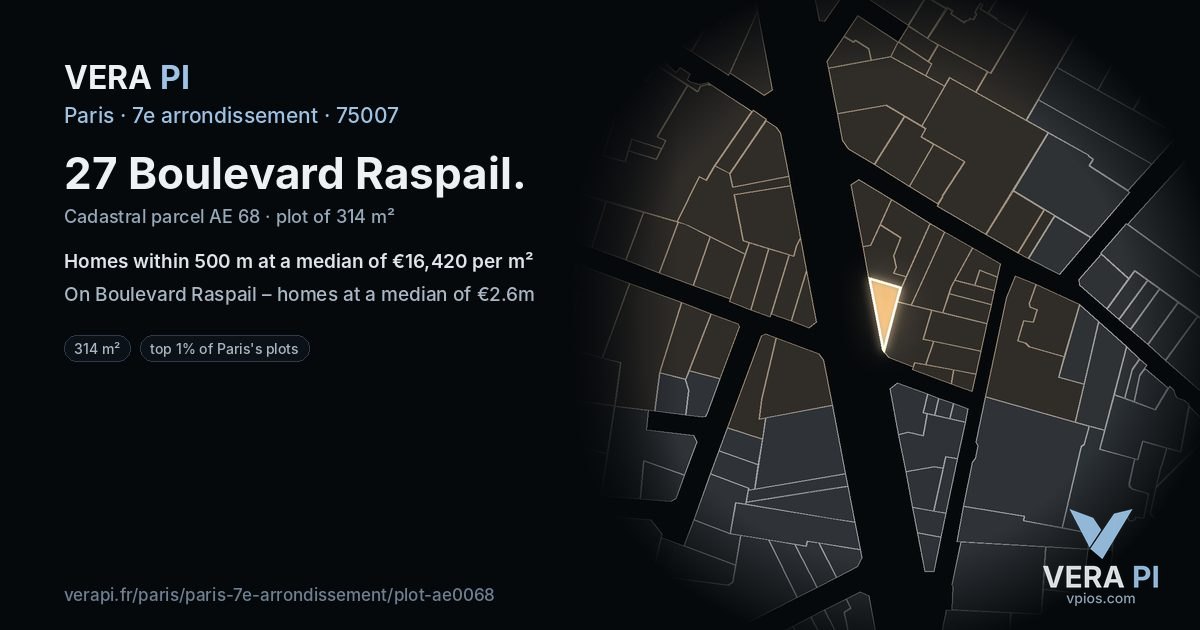 27 Boulevard Raspail, 7e arrondissement at night – the plot lit, the parcels around coloured by the prices near them