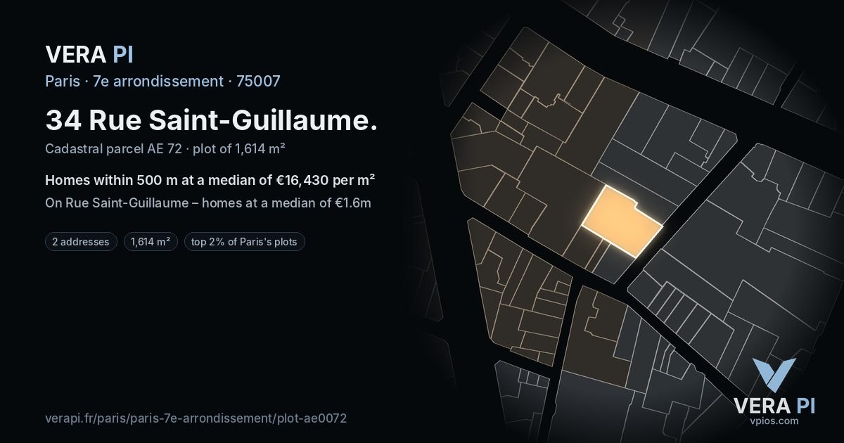 34 Rue Saint-Guillaume, 7e arrondissement at night – the plot lit, the parcels around coloured by the prices near them
