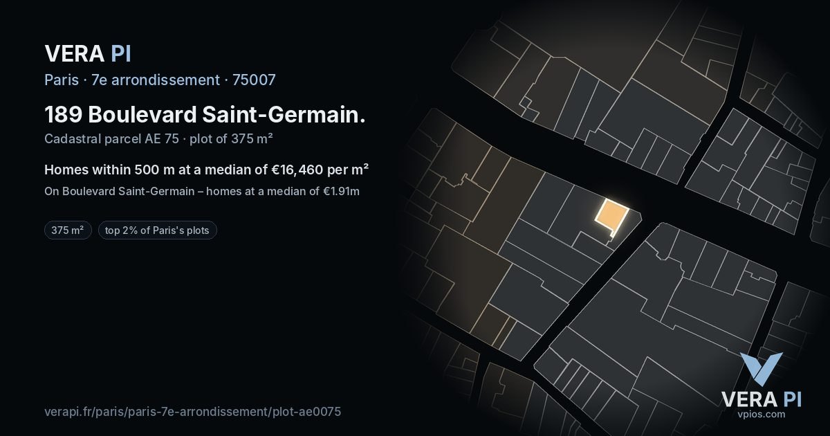 189 Boulevard Saint-Germain, 7e arrondissement at night – the plot lit, the parcels around coloured by the prices near them