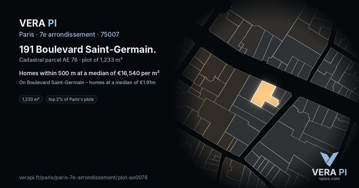 191 Boulevard Saint-Germain, 7e arrondissement at night – the plot lit, the parcels around coloured by the prices near them