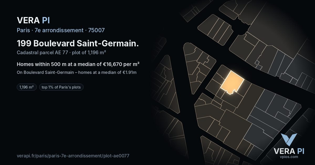 199 Boulevard Saint-Germain, 7e arrondissement at night – the plot lit, the parcels around coloured by the prices near them