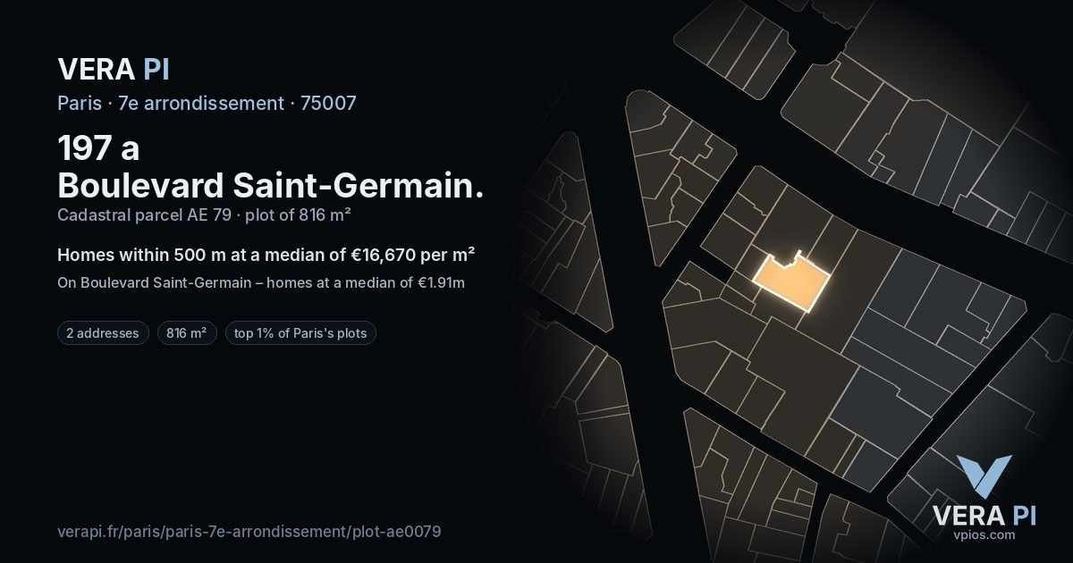 197 a Boulevard Saint-Germain, 7e arrondissement at night – the plot lit, the parcels around coloured by the prices near them