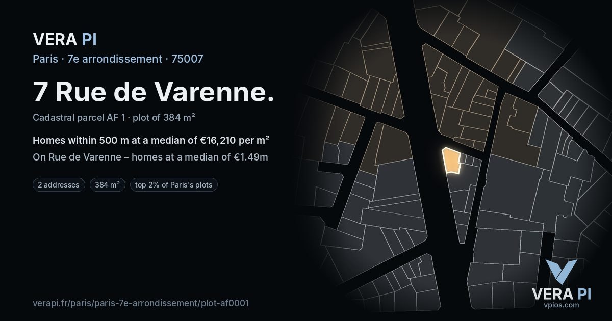 7 Rue de Varenne, 7e arrondissement at night – the plot lit, the parcels around coloured by the prices near them