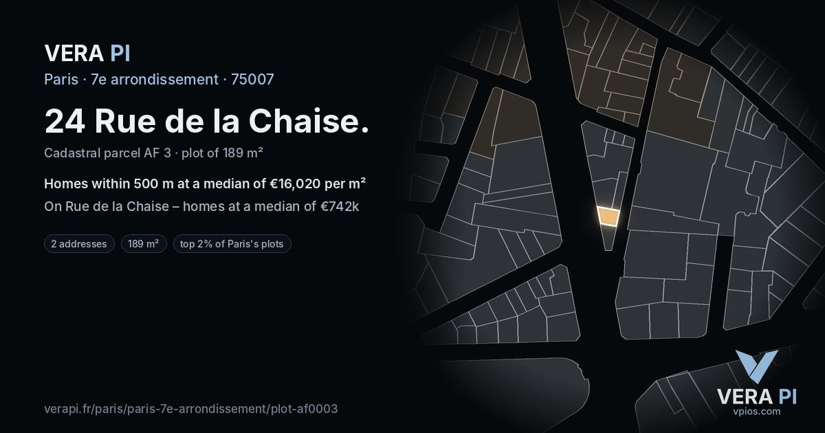 24 Rue de la Chaise, 7e arrondissement at night – the plot lit, the parcels around coloured by the prices near them