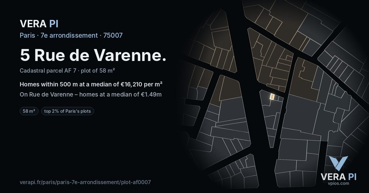 5 Rue de Varenne, 7e arrondissement at night – the plot lit, the parcels around coloured by the prices near them