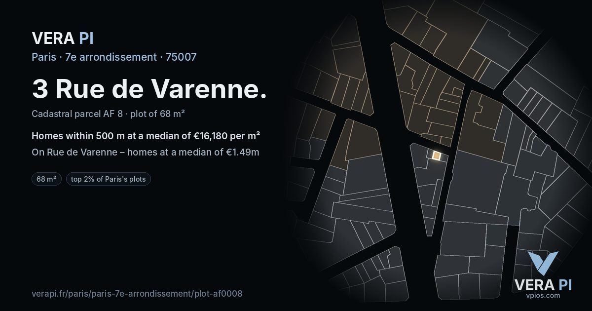 3 Rue de Varenne, 7e arrondissement at night – the plot lit, the parcels around coloured by the prices near them