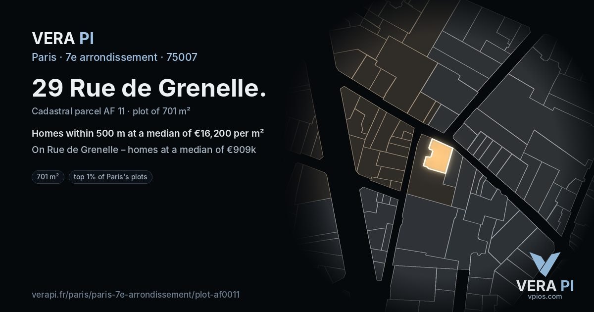 29 Rue de Grenelle, 7e arrondissement at night – the plot lit, the parcels around coloured by the prices near them