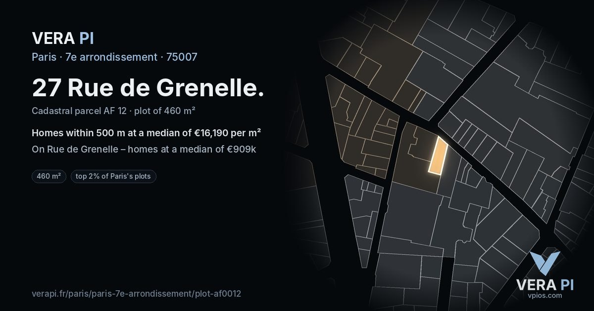 27 Rue de Grenelle, 7e arrondissement at night – the plot lit, the parcels around coloured by the prices near them