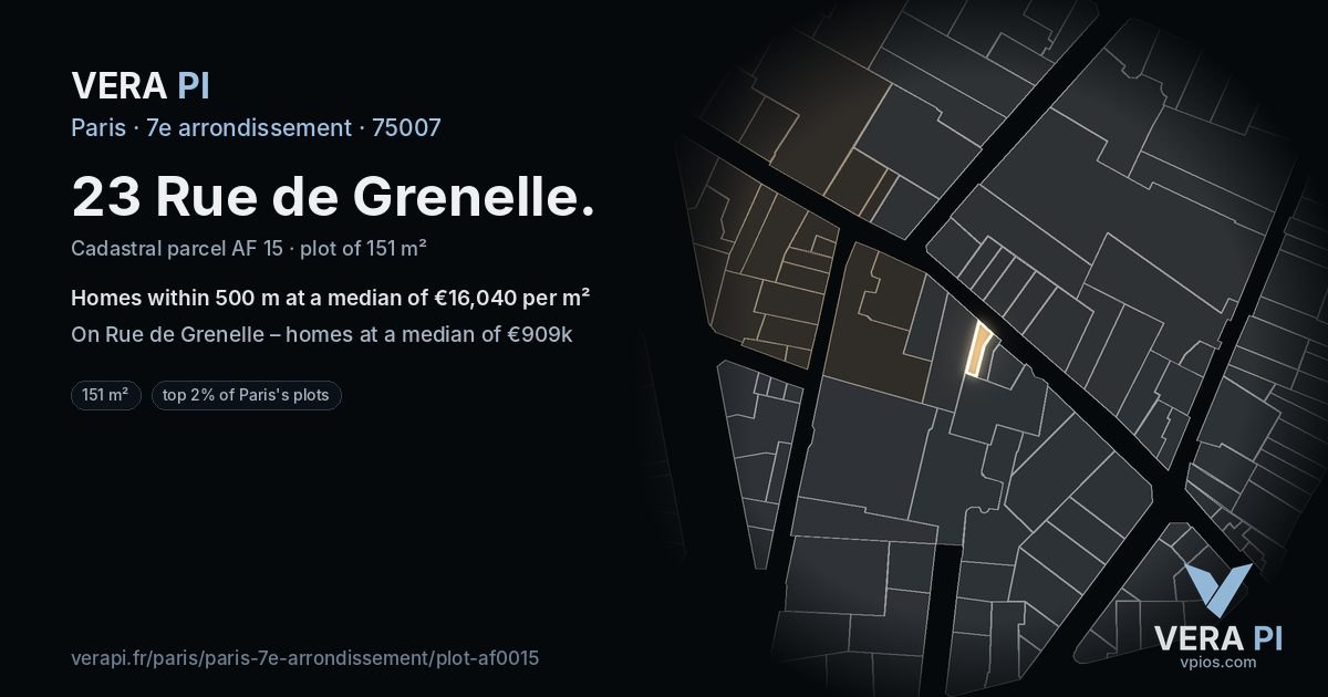 23 Rue de Grenelle, 7e arrondissement at night – the plot lit, the parcels around coloured by the prices near them