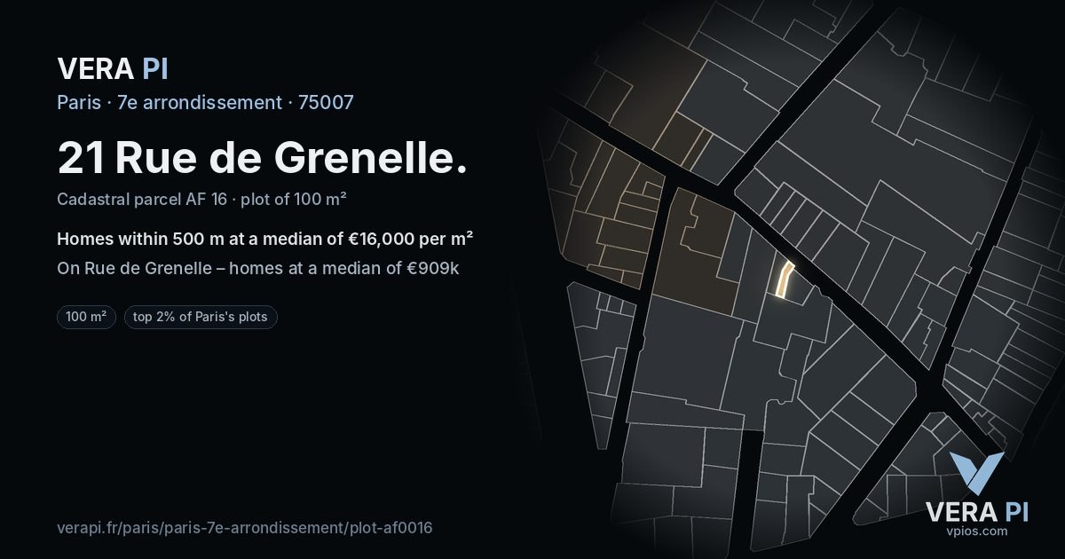 21 Rue de Grenelle, 7e arrondissement at night – the plot lit, the parcels around coloured by the prices near them