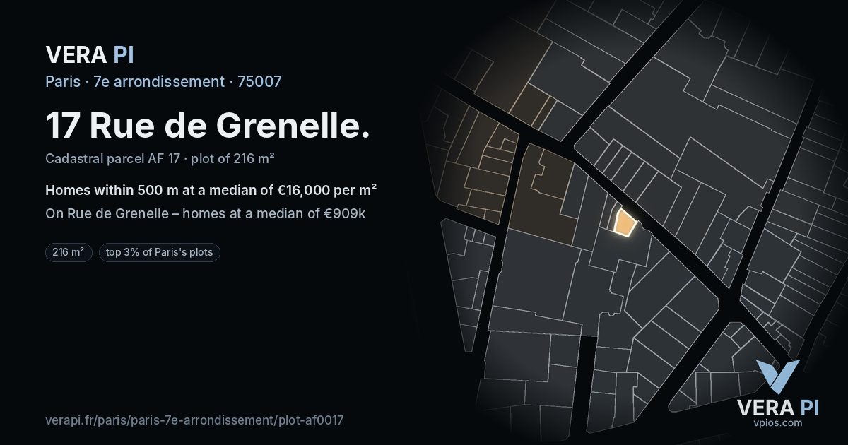 17 Rue de Grenelle, 7e arrondissement at night – the plot lit, the parcels around coloured by the prices near them