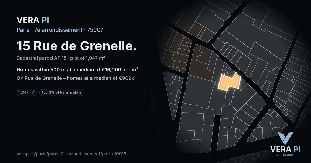 15 Rue de Grenelle, 7e arrondissement at night – the plot lit, the parcels around coloured by the prices near them