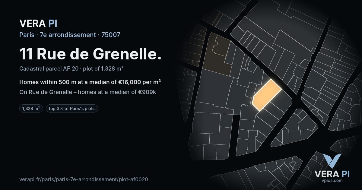 11 Rue de Grenelle, 7e arrondissement at night – the plot lit, the parcels around coloured by the prices near them