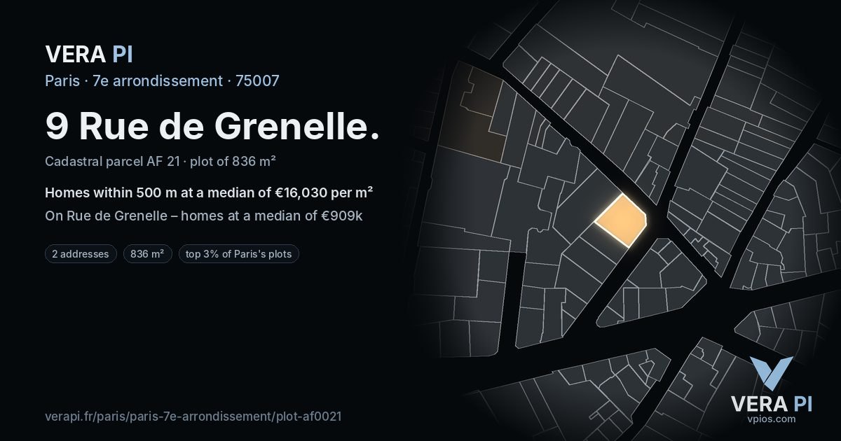 9 Rue de Grenelle, 7e arrondissement at night – the plot lit, the parcels around coloured by the prices near them