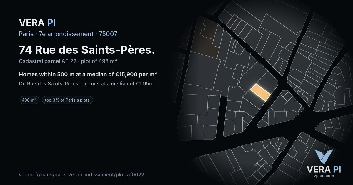 74 Rue des Saints-Pères, 7e arrondissement at night – the plot lit, the parcels around coloured by the prices near them