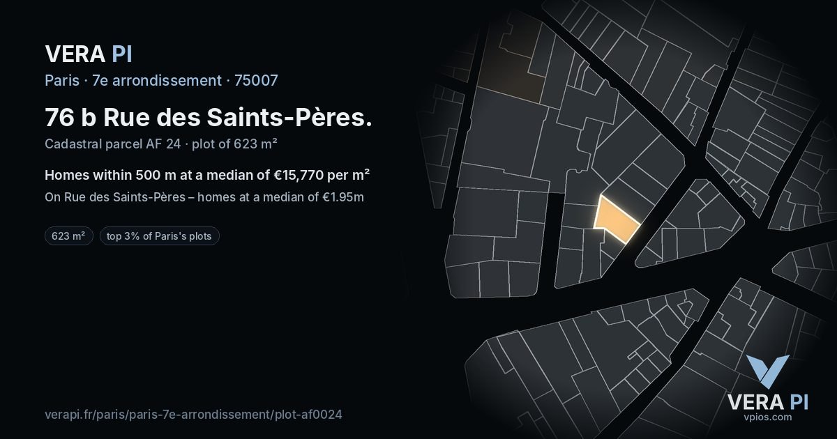 76 b Rue des Saints-Pères, 7e arrondissement at night – the plot lit, the parcels around coloured by the prices near them