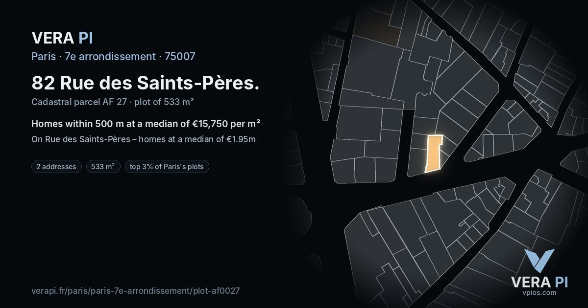 82 Rue des Saints-Pères, 7e arrondissement at night – the plot lit, the parcels around coloured by the prices near them