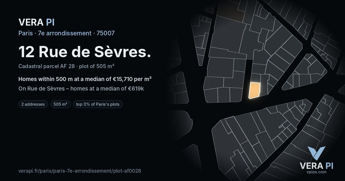 12 Rue de Sèvres, 7e arrondissement at night – the plot lit, the parcels around coloured by the prices near them