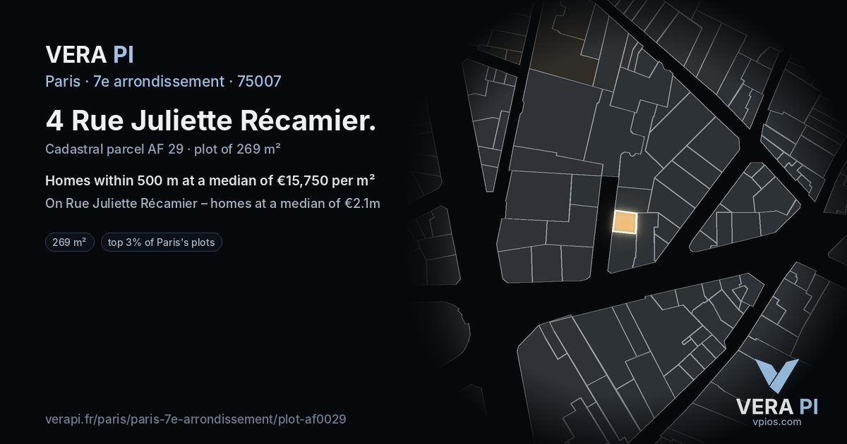4 Rue Juliette Récamier, 7e arrondissement at night – the plot lit, the parcels around coloured by the prices near them