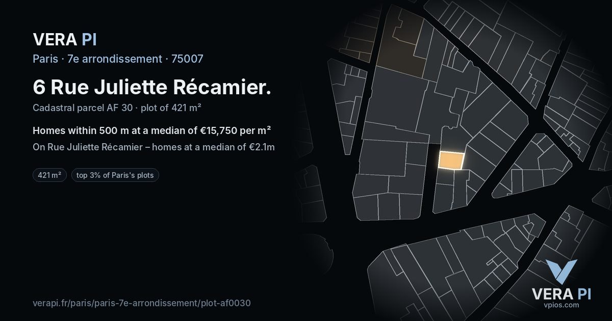 6 Rue Juliette Récamier, 7e arrondissement at night – the plot lit, the parcels around coloured by the prices near them