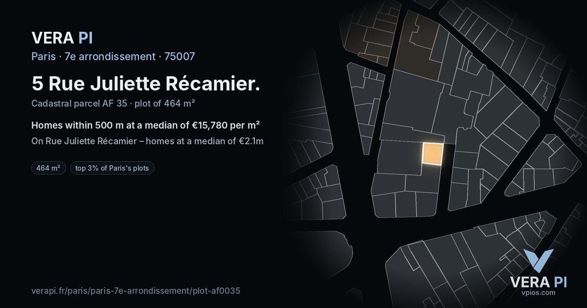 5 Rue Juliette Récamier, 7e arrondissement at night – the plot lit, the parcels around coloured by the prices near them