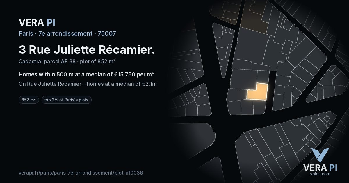 3 Rue Juliette Récamier, 7e arrondissement at night – the plot lit, the parcels around coloured by the prices near them