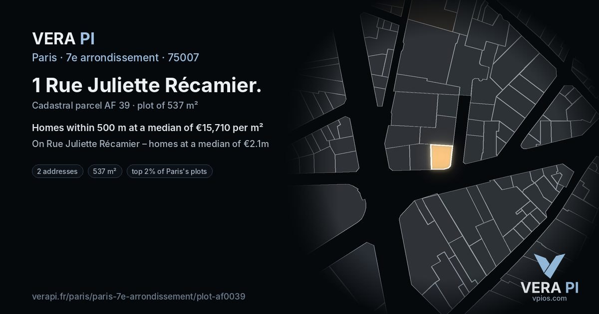 1 Rue Juliette Récamier, 7e arrondissement at night – the plot lit, the parcels around coloured by the prices near them