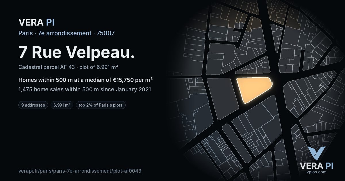 7 Rue Velpeau, 7e arrondissement at night – the plot lit, the parcels around coloured by the prices near them