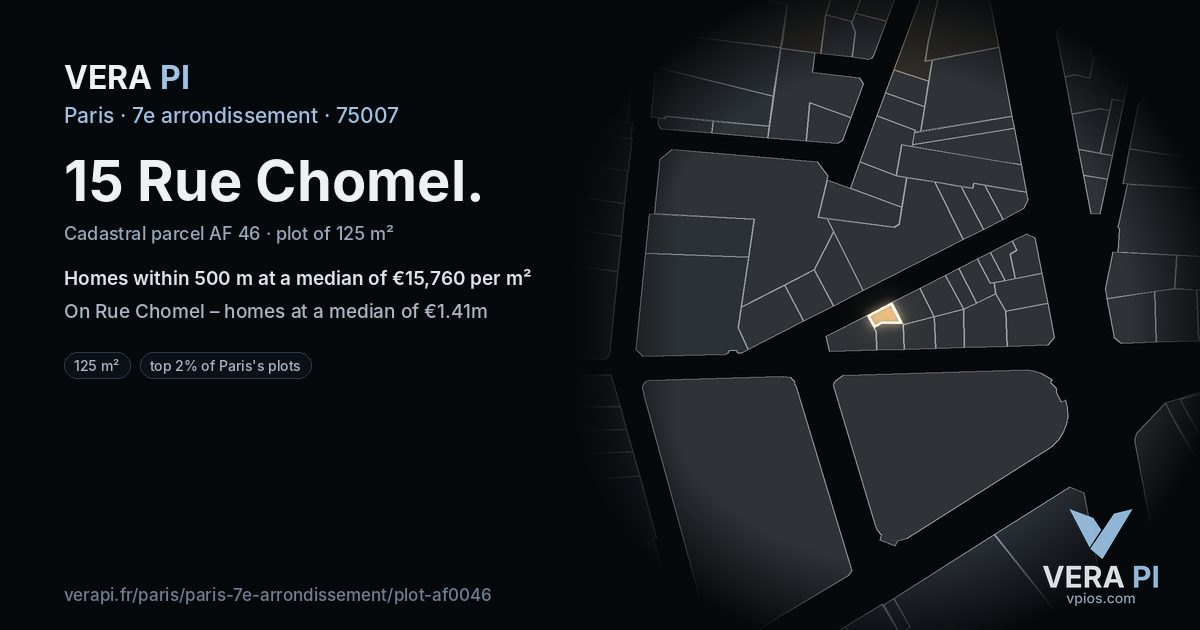 15 Rue Chomel, 7e arrondissement at night – the plot lit, the parcels around coloured by the prices near them