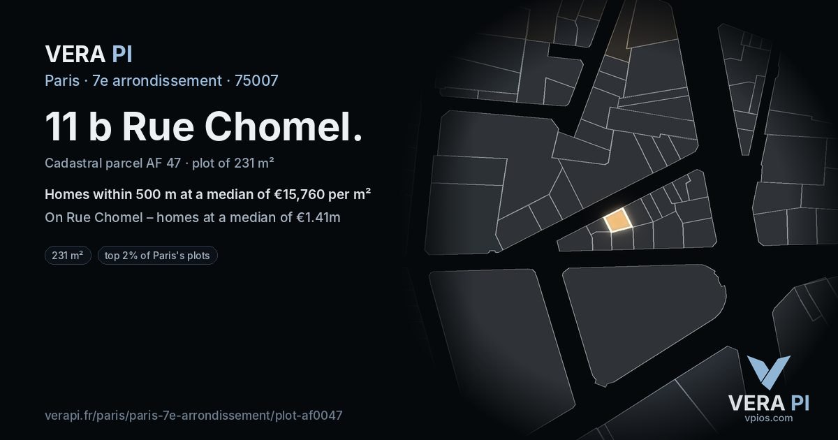 11 b Rue Chomel, 7e arrondissement at night – the plot lit, the parcels around coloured by the prices near them