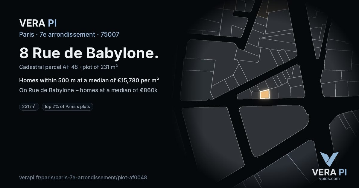 8 Rue de Babylone, 7e arrondissement at night – the plot lit, the parcels around coloured by the prices near them