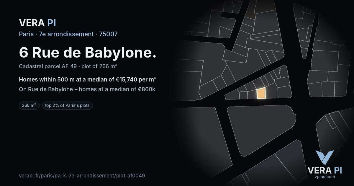 6 Rue de Babylone, 7e arrondissement at night – the plot lit, the parcels around coloured by the prices near them