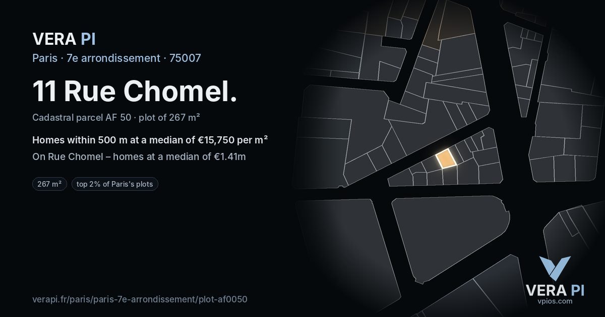 11 Rue Chomel, 7e arrondissement at night – the plot lit, the parcels around coloured by the prices near them