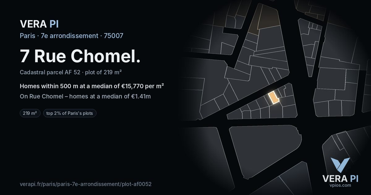 7 Rue Chomel, 7e arrondissement at night – the plot lit, the parcels around coloured by the prices near them
