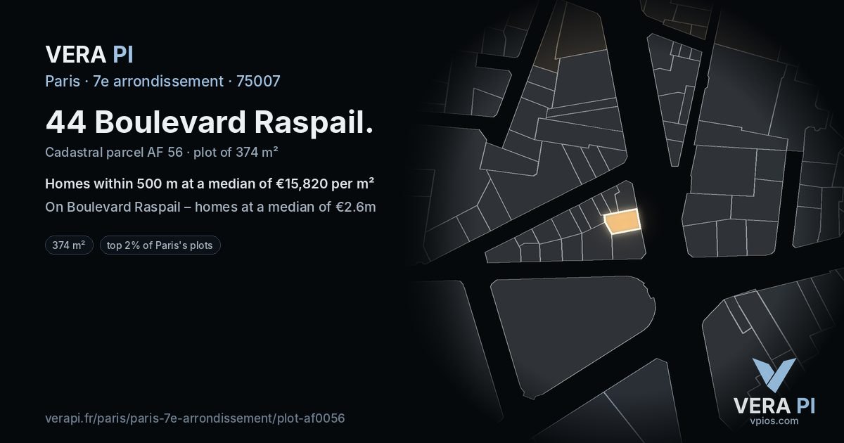 44 Boulevard Raspail, 7e arrondissement at night – the plot lit, the parcels around coloured by the prices near them