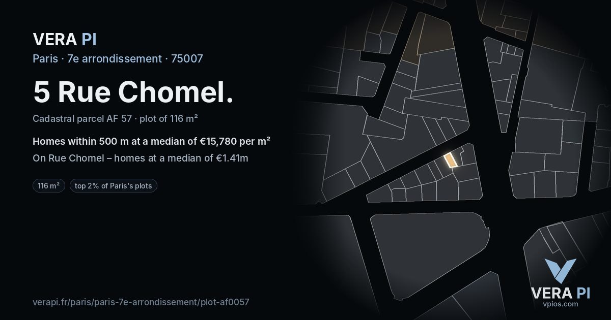 5 Rue Chomel, 7e arrondissement at night – the plot lit, the parcels around coloured by the prices near them